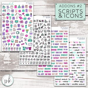 May include: Four sheets of planner stickers with colorful doodles, black and white icons, and bold and mixed scripts. The stickers include phrases like "family time", "lazy day", "to do", "payday", "workout", and "church".