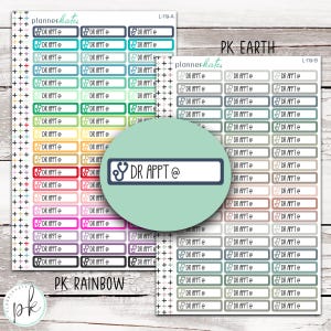 May include: A sheet of colorful doctor's appointment stickers with a stethoscope icon. The stickers are in various colors, including red, orange, yellow, green, blue, purple, and pink. The stickers are labeled "DR APPT" and have a space for writing the date and time of the appointment. The sheet also includes a larger sticker with the text "DR APPT @" and a stethoscope icon.