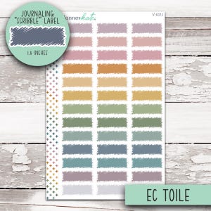 May include: A sheet of rectangular planner stickers featuring a scribble texture in various muted colors including pink, orange, yellow, green, and blue. The sheet includes a vertical column of small cross icons and is labeled V-107-I and EC TOILE.
