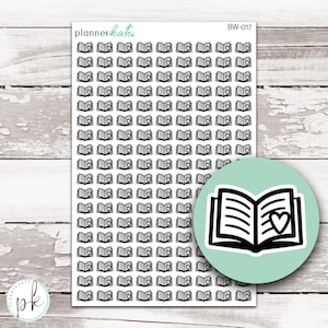 May include: A sheet of black and white planner stickers featuring a repeated pattern of open books with hearts. The sticker sheet is labeled "plannerkats" and "BW-017".