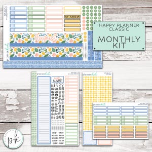 May include: A set of planner sticker sheets featuring a monthly kit for Happy Planner Classic. The sheets include various rectangular labels, date circles, decorative strips with lemon and floral patterns, and icons for daily tasks and events.