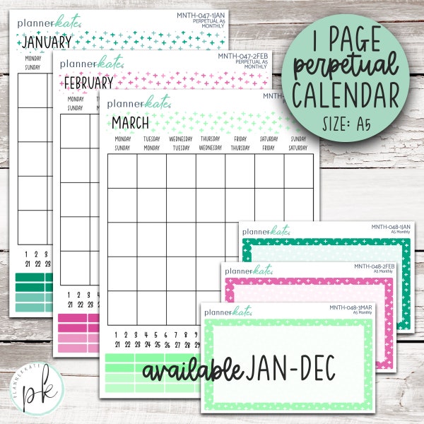 One Page Perpetual Calendars - A5 - EC Monthly Colors || MNTH-047 MNTH-048