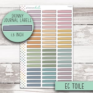 May include: Sheet of planner stickers with rectangular labels in various pastel colors. The sheet includes the text "Skinny Journal Labels" and "1.5 inch". The stickers are arranged on a white background with a wood grain pattern.