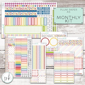 May include: A collection of colorful planner sticker sheets for Plum Paper A5 planners, featuring monthly calendar headers, date numbers, checklists, and icons. The set includes various labels, August-themed text, and decorative patterns.