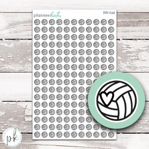 May include: A sheet of 100 black and white volleyball stickers. The stickers are arranged in a grid pattern. The sheet is labeled "plannerkate" and "BW-046".