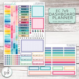 May include: A set of colorful planner stickers with a rainbow watercolor background. The stickers include a weekly planner, daily planner, and a variety of other stickers for organizing and decorating a planner. The stickers are labeled "EC 7x9 Dashboard Planner" and "KIT-726 DASH-1 & 2".