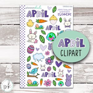May include: A sticker sheet featuring various colorful doodles including bunnies, Easter eggs, carrots, flowers, hearts, clouds, and the text April. The sheet has a purple cross-patterned border on the left side and includes the text April showers bring May flowers.