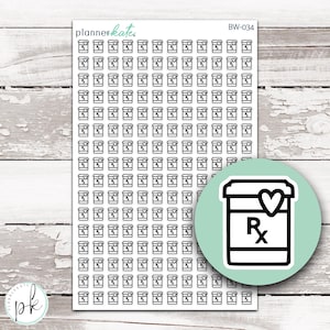 May include: A sheet of black and white planner stickers featuring a repeated pattern of small pill bottle icons with a heart on the lid. The text "BW-034" is in the upper right corner of the sheet.