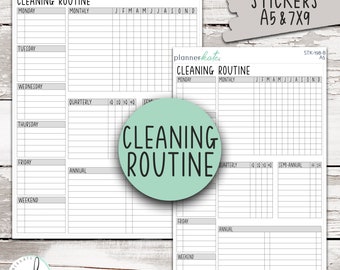 May include: A printable cleaning routine planner with a black and white grid layout. The planner is divided into sections for daily, weekly, monthly, quarterly, semi-annual, and annual cleaning tasks. The planner is labeled "Cleaning Routine" and includes the months of the year, days of the week, and frequency of tasks.