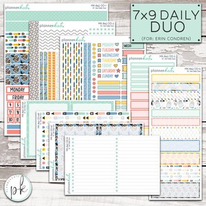 May include: A collection of planner sticker sheets labeled 7x9 DAILY DUO FOR ERIN CONDREN, featuring various patterns including apples, markers, and geometric shapes, along with days of the week, checklists, and blank lined sections in pastel colors.