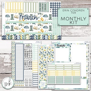 May include: A planner kit with a spring theme. The kit includes stickers with umbrellas, rain boots, and the word "March." The kit also features labels, date stickers, and a banner that says "Erin Condren 7x9 Monthly Kit."