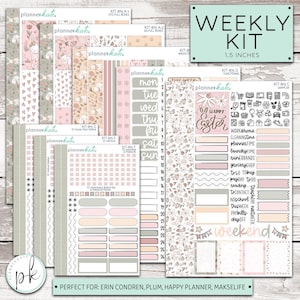 May include: A planner kit with various stickers and decorative elements. The kit includes full boxes, functional stickers, and washi strips. The color scheme is primarily pink, gray, and white, with floral and geometric patterns. The text "WEEKLY KIT 1.5 INCHES" is visible.