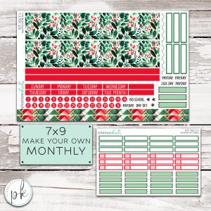 May include: A sticker sheet set for planners featuring a holiday theme with green holly leaves, red berries, and plaid patterns. Includes labels for days of the week, dates 1-31, and text such as PAYDAY, SICK DAY, and NO SCHOOL, alongside blank rectangular stickers.