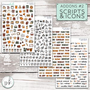 May include: Four sticker sheets featuring planner icons and text scripts. The sheets include colorful doodles, black and white line art icons, and various phrases like 'Family Time', 'To Do', and 'Payday' in orange, brown, and black ink.