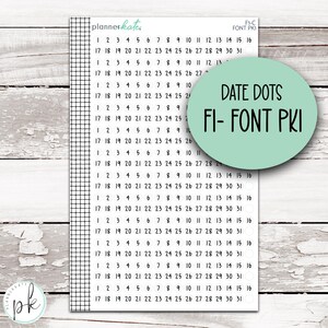 May include: A sticker sheet featuring rows of small, circular white labels printed with black numbers from 1 to 31. The sheet includes a black grid border on the left side and text at the top reading plannerkate, F1-C FONT PK1, and DATE DOTS FI- FONT PK1.