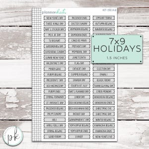 May include: A sheet of 7x9 inch stickers with black and white text on a white background. The stickers feature a variety of holidays, including New Year's Day, Easter Sunday, Ramadan, Cinco de Mayo, Mother's Day, Memorial Day, Juneteenth, Flag Day, Father's Day, Summer Begins, Canada Day, Fourth of July, Labor Day, Rosh Hashanah, Passover, Hanukkah, Christmas, Kwanzaa, and more.