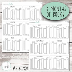 May include: Two white sticker sheets featuring black line art illustrations of bookshelves labeled with the twelve months of the year. Each sheet includes six rectangular sections with book spines, and a teal oval graphic reads 12 MONTHS OF BOOKS.