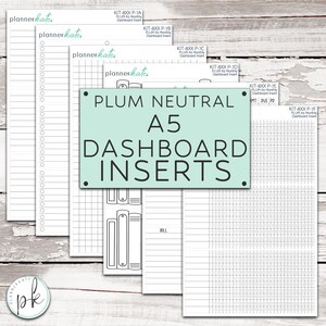 May include: A set of white A5 planner dashboard inserts featuring various layouts including lined pages, checklists, grid paper, and bill trackers. A central light green rectangular label displays the text PLUM NEUTRAL A5 DASHBOARD INSERTS.