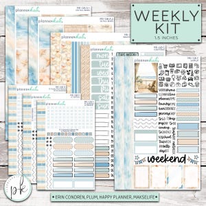 May include: A weekly planner sticker kit with a beach theme. The kit includes a variety of stickers, including full boxes, half boxes, functional stickers, and a sampler pack. The stickers are in shades of blue, beige, and white with a watercolor effect. The kit is 1.5 inches in size.