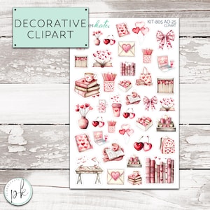 May include: A sheet of decorative clipart featuring watercolor illustrations of hearts, books, cherries, bows, and coffee cups. The text "DECORATIVE CLIPART" is displayed on a light blue sign. The sheet also includes a laptop, a vase, and an envelope.