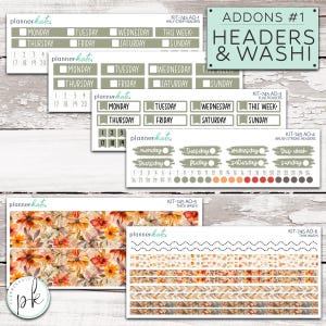 May include: A collection of planner stickers featuring headers, washi tape, and flag headers. The stickers include days of the week, dates, and decorative floral and patterned designs in shades of orange, brown, and green.