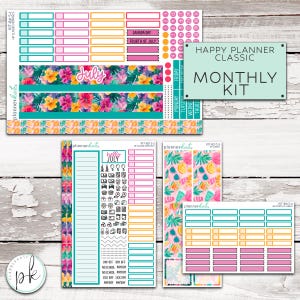 May include: A Happy Planner Classic monthly kit featuring sticker sheets with tropical floral patterns, July headers, date circles, checklists, and icons. The set includes labels for Canada Day and Fourth of July, with teal, pink, and yellow accents.