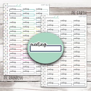 May include: A sheet of colorful planner stickers with the word "meeting" and a blank space for writing. The stickers are in various colors, including red, blue, green, yellow, and purple. The stickers are arranged in a grid pattern. The text "PK RAINBOW" and "PK EARTH" are visible at the bottom of the sheet.