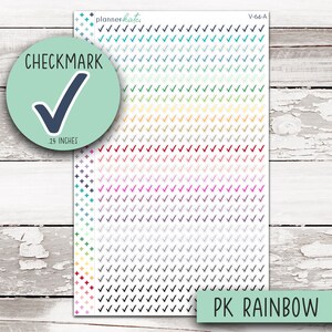 May include: A sheet of colorful checkmark stickers with the text "PK RAINBOW" and "V-64-A" in the top right corner. The stickers are 0.25 inches in size and are arranged in a rainbow pattern.