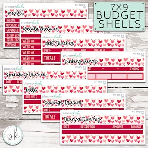 May include: A collection of planner stickers with a Valentine's Day theme. The stickers include budget, weekly check-in, debt tracker, sinking funds, spending tracker, bills, savings tracker, and transaction log. Each sticker has a red and pink heart pattern.