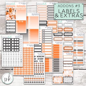 May include: A collection of planner stickers with a Halloween theme. The stickers include labels, checklists, and decorative elements in orange, gray, and black. The text "ADDONS #3 LABELS & EXTRAS" is visible.