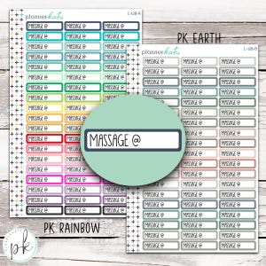 May include: Two sheets of rectangular planner stickers featuring the text MASSAGE @ in a dark font. The PK RAINBOW sheet displays a vertical gradient of colorful borders, while the PK EARTH sheet features muted, earthy tones for each sticker.