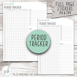 May include: Two printable period tracker sheets with a grid layout for tracking periods throughout the year. The sheets include columns for each month and rows for each day of the month. The sheets also include a key and notes section.