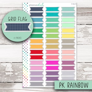 May include: A sheet of 1.5 inch grid flag stickers in a rainbow of colors. The sheet includes the text "GRID FLAG" and "PK RAINBOW".