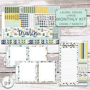 May include: A planner kit with various stickers and decorative elements. The kit includes stickers with the text "March", "Payday", and "No School". The color palette features shades of blue, green, yellow, and white. The kit is designed for monthly planning.
