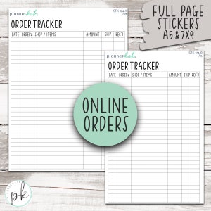 May include: Two printable order tracker sheets in black and white with the text "ORDER TRACKER" and "ONLINE ORDERS". The sheets are designed for A5 and 7x9 sizes.