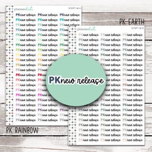 May include: Two sheets of planner stickers featuring the text PK new release in various colors. The left sheet, labeled PK RAINBOW, has vibrant hues, while the right sheet, labeled PK EARTH, features muted tones. Each sticker has a white border.