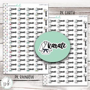 May include: Karate-themed planner stickers featuring karate gi illustrations and the word "Karate." The stickers are in various colors and are designed for use in planners and journals. The image also includes a circular sticker with a karate gi and the word "Karate."