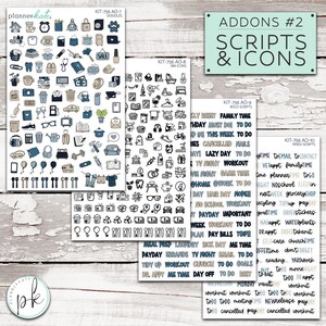 May include: A collection of planner stickers featuring doodles, black and white icons, bold scripts, and mixed scripts. The stickers include various icons, such as clocks, bags, and food items, along with phrases like "Family Time" and "Workout."