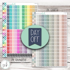 May include: Two sheets of planner stickers with a variety of colorful designs. One sheet features a rainbow of colors, while the other has earth-toned hues. Each sticker is labeled "DAY OFF". A central graphic reads "DAY OFF" in white text on a blue background.