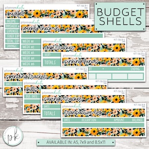 May include: A collection of budget planner stickers with floral sunflower designs. The stickers include labels for budget, weekly check-in, debt tracker, sinking funds, spending tracker, bills, savings tracker, and transaction log. The text "Budget Shells" is also visible.