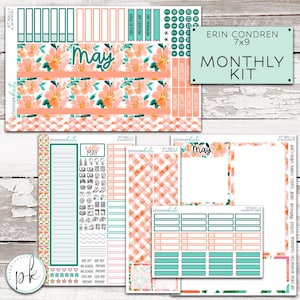 May include: A planner kit with floral and geometric patterns in coral, teal, and white. The kit includes stickers, labels, and decorative elements for May, with text that reads "May", "Erin Condren 7x9 Monthly Kit", and "Hello May".