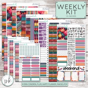 May include: A weekly planner kit with various stickers and decorative elements. The kit includes full boxes, functional stickers, and sampler sheets. The design features a fall theme with colorful leaves and wooden textures. The text "WEEKLY KIT 1.5 INCHES" is visible.