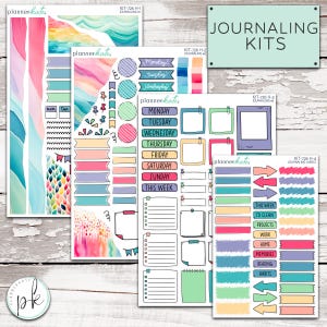 May include: Four sheets of colorful planner stickers with various designs, including banners, arrows, frames, and boxes. The stickers are labeled "Journaling Kits" and include the text "Monday", "Tuesday", "Wednesday", "Thursday", "Friday", "Saturday", "Sunday", "This Week", "To Clean", "Projects", "Work", "Home", "Memories", "Reading", and "Habits".