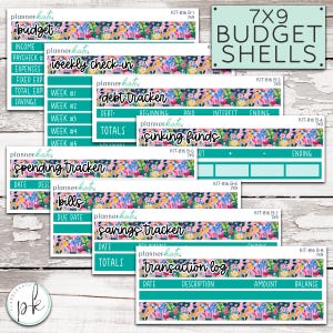 May include: A collection of planner stickers with floral designs and teal accents. The stickers include labels for budgeting, weekly check-ins, debt tracking, sinking funds, spending, bills, savings, and transaction logs. The text "7x9 Budget Shells" is also visible.