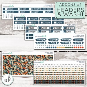 May include: A collection of planner sticker sheets featuring dark blue headers with white text for days of the week, numbered date dots, and decorative washi tape strips with book-themed patterns and thin wavy lines, labeled with codes like MK-804.