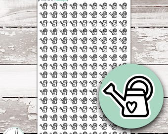 May include: A sticker sheet featuring numerous small, black-outlined watering can icons, each with a heart detail on the side. The sheet includes the text "plannerkate" at the top left and "BW-081" at the top right, with a large circular inset.