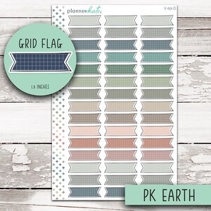 May include: Sheet of planner stickers featuring grid flag designs in various earth-tone colors. Each flag is 1.5 inches in length and has a grid pattern. The stickers are labeled "Grid Flag" and "PK Earth".