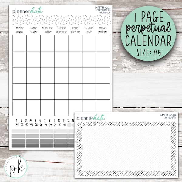 One Page Perpetual Calendars - A5 - Neutral || MNTH-054 MNTH-055