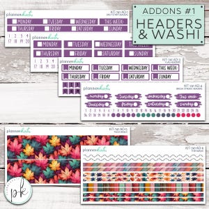 May include: Planner stickers with purple headers, washi tape, and leaf designs. The stickers include daily and weekly headers, date numbers, and decorative washi tape with fall leaf patterns. The text "ADDONS #1 HEADERS & WASHI" is visible.