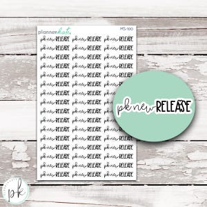 May include: A sticker sheet labeled MS-100 featuring multiple rows of black text that reads pk new RELEASE. A circular mint green overlay displays the same text in a larger font with a small heart icon above the letter E in RELEASE.